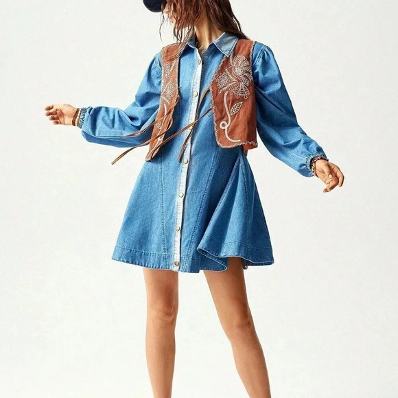 Dark Wash Casual Women's Loose Denim Long Sleeve Mini Dress - Picture 4 of 8